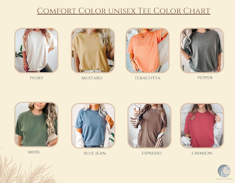 Peut inclure: Nuancier de couleurs pour t-shirts unisexes, pr&eacute;sentant dix couleurs diff&eacute;rentes&nbsp;: ivoire, moutarde, terre cuite, poivre, mousse, jean bleu, expresso, cramoisi, et plus. Le nuancier comprend le nom de chaque couleur.