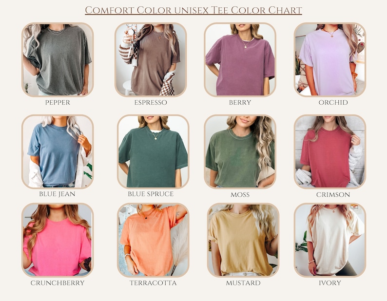 K&ouml;nnte beinhalten: Farbkarte mit 12 verschiedenen Farben von Unisex-T-Shirts. Die Farben sind: Pfeffer, Espresso, Beere, Orchidee, Jeansblau, Blautanne, Moos, Scharlachrot, Himbeere, Terrakotta, Senf und Elfenbein.