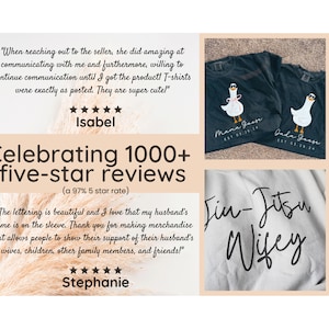 May include: Two dark gray t-shirts with a white goose graphic wearing sunglasses. One shirt says "Mama Goose" and the other says "Jada Goose". A white t-shirt with the words "Jiu-Jitsu Wifey" in black script is also shown.
