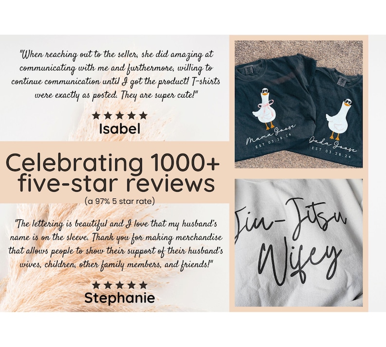 May include: Two dark gray t-shirts with a white goose graphic wearing sunglasses. One shirt says "Mama Goose" and the other says "Jada Goose". A white t-shirt with the words "Jiu-Jitsu Wifey" in black script is also shown.