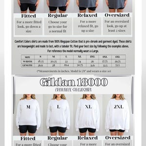 K&ouml;nnte beinhalten: Das Bild zeigt Gr&ouml;&szlig;entabellen f&uuml;r Comfort Colors T-Shirts und Gildan Crewneck Sweatshirts. Die Comfort Colors Tabelle zeigt Ma&szlig;e in Zoll f&uuml;r Breite und L&auml;nge. Die Gildan Tabelle bietet ebenfalls Ma&szlig;e in Zoll f&uuml;r Breite, L&auml;nge und &Auml;rmell&auml;nge, von S bis 5XL.
