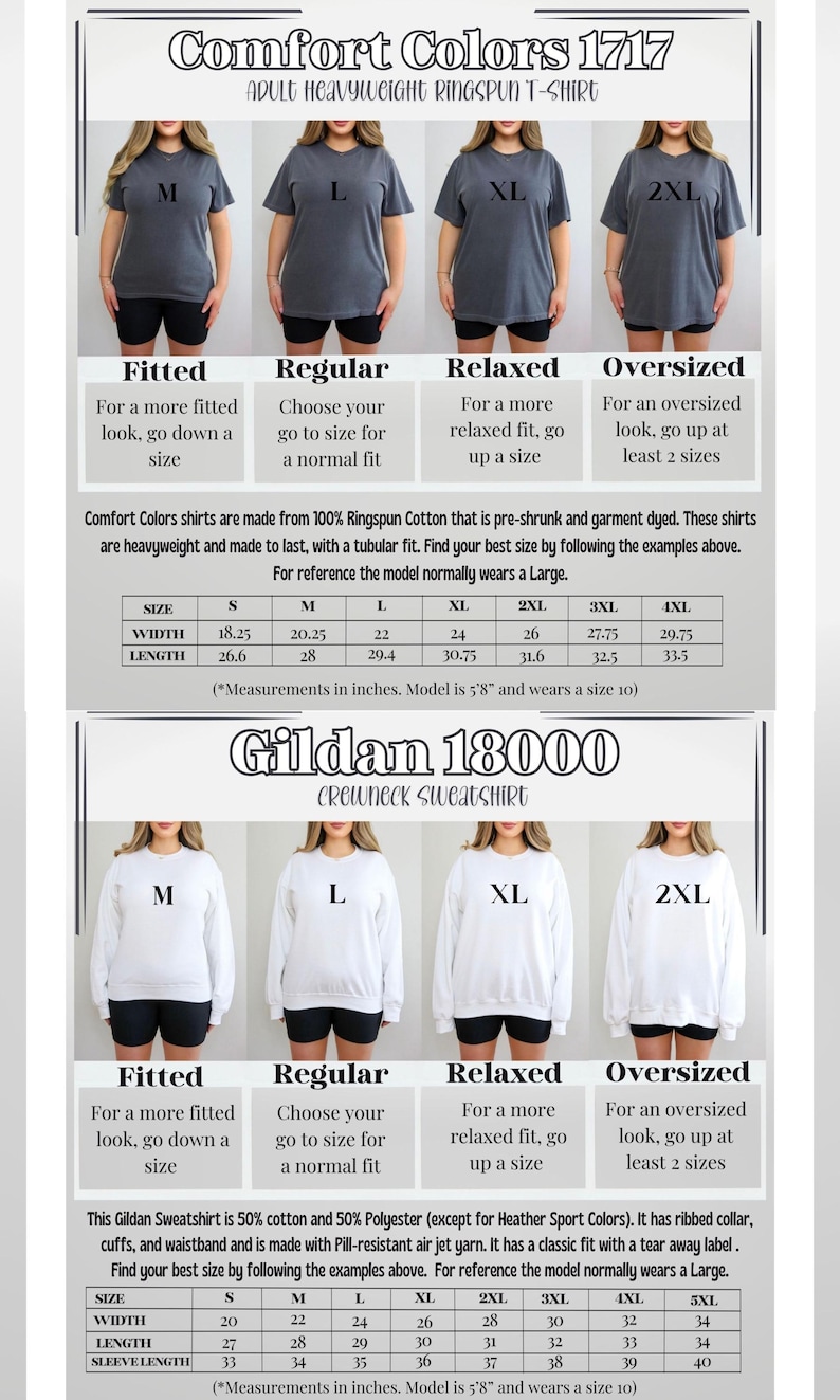 K&ouml;nnte beinhalten: Das Bild zeigt Gr&ouml;&szlig;entabellen f&uuml;r Comfort Colors T-Shirts und Gildan Crewneck Sweatshirts. Die Comfort Colors Tabelle zeigt Ma&szlig;e in Zoll f&uuml;r Breite und L&auml;nge. Die Gildan Tabelle bietet ebenfalls Ma&szlig;e in Zoll f&uuml;r Breite, L&auml;nge und &Auml;rmell&auml;nge, von S bis 5XL.