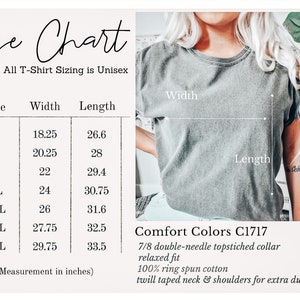 Peut inclure: Tableau des tailles pour t-shirts unisexes avec des mesures en pouces pour la largeur et la longueur. Les tailles vont du S au 4XL. Le tableau comprend des d&eacute;tails sur le tissu et la construction des t-shirts, y compris un col 7/8 &agrave; double aiguille, une coupe d&eacute;contract&eacute;e, 100 % coton fil&eacute; &agrave; l'anneau et un col et des &eacute;paules en serg&eacute; pour une durabilit&eacute; accrue. Comfort Colors C1717.