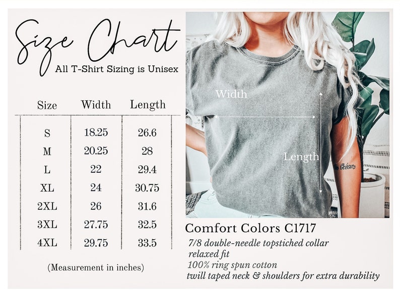 Peut inclure: Tableau des tailles pour t-shirts unisexes avec des mesures en pouces pour la largeur et la longueur. Les tailles vont du S au 4XL. Le tableau comprend des d&eacute;tails sur le tissu et la construction des t-shirts, y compris un col 7/8 &agrave; double aiguille, une coupe d&eacute;contract&eacute;e, 100 % coton fil&eacute; &agrave; l'anneau et un col et des &eacute;paules en serg&eacute; pour une durabilit&eacute; accrue. Comfort Colors C1717.
