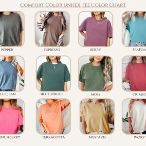May include: Color chart showing 12 different colors of unisex t-shirts. The colors are: Pepper, Espresso, Berry, Seafoam, Blue Jean, Blue Spruce, Moss, Crimson, Crunchberry, Terracotta, Mustard, and Ivory.