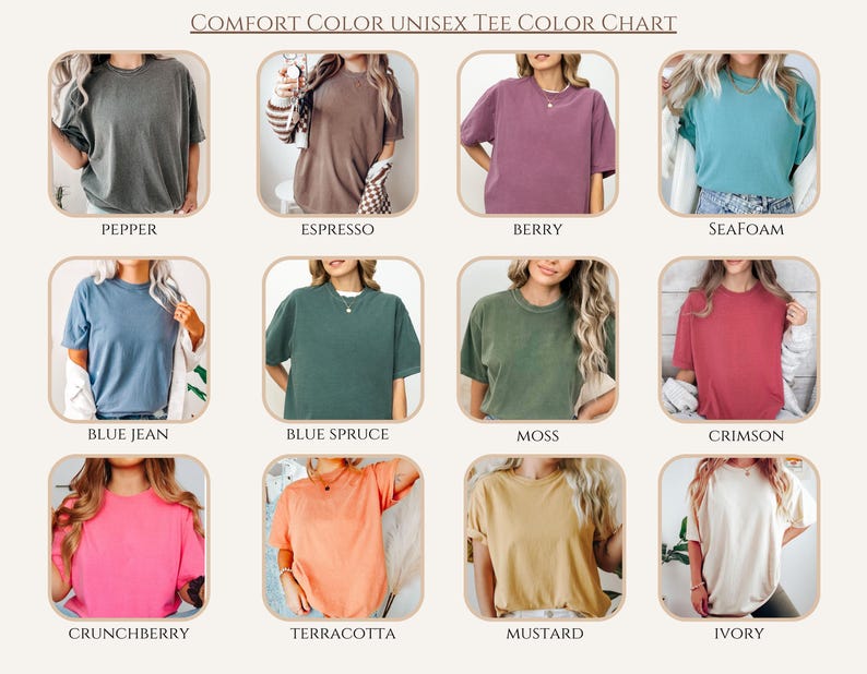 May include: Color chart showing 12 different colors of unisex t-shirts. The colors are: Pepper, Espresso, Berry, Seafoam, Blue Jean, Blue Spruce, Moss, Crimson, Crunchberry, Terracotta, Mustard, and Ivory.