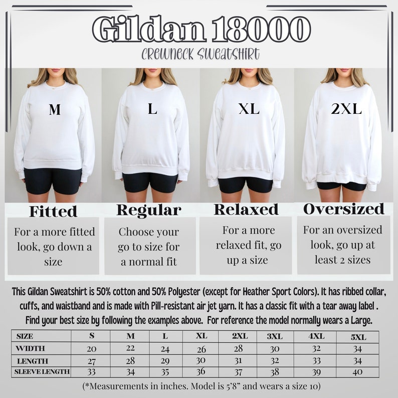 Peut inclure: Un tableau des tailles pour les sweat-shirts &agrave; col rond Gildan 18000. Le tableau montre les diff&eacute;rentes tailles disponibles, de S &agrave; 5XL, et les mesures correspondantes en pouces pour la largeur, la longueur et la longueur des manches. Le tableau comprend &eacute;galement une description de la coupe pour chaque taille&nbsp;: ajust&eacute;e, normale, ample et surdimensionn&eacute;e.