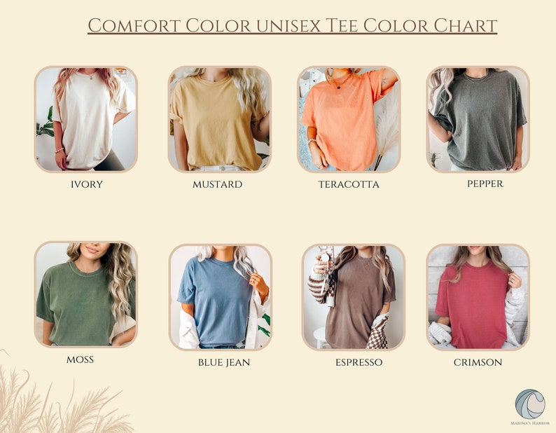 Puede incluir: Carta de colores que muestra diez colores diferentes de camisetas unisex: marfil, mostaza, terracota, pimienta, musgo, azul vaquero, espresso, carmes&iacute;, y m&aacute;s. La carta incluye el nombre de cada color.