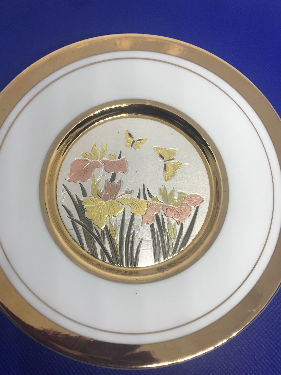 24K Gold The Art of Chokin Plate with Iris Flowers and Etsy