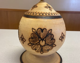 Vintage Wooden Urn with carved flower and lid