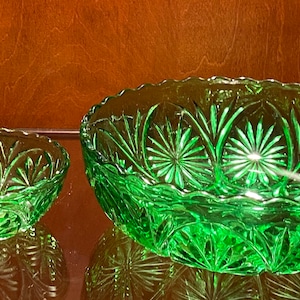 Two Vintage Glass Green Etched Bowls
