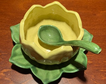 Antique Ceramic Lily Pad, Saucer, Spoon Sugar Bowl