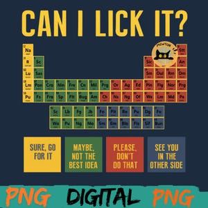 Op de afbeelding: Een marineblauwe digitale PNG-afbeelding met de tekst "CAN I LICK IT?" in geel. Het ontwerp bevat een periodiek systeem der elementen en vier gekleurde vakken met zinnen als "SURE, GO FOR IT".