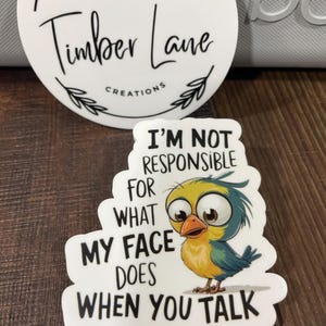 May include: A white sticker with a cartoon bird and the text "I'm not responsible for what my face does when you talk".