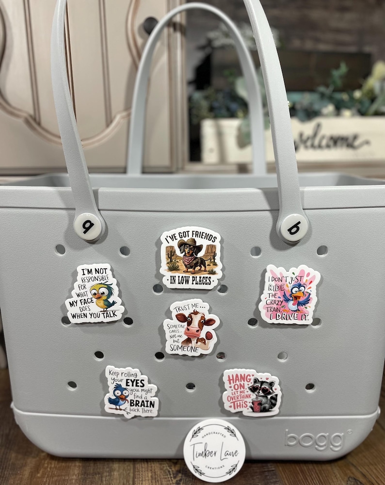 May include: A gray tote bag with a variety of colorful stickers featuring animals and humorous sayings. The stickers include a cow, a raccoon, a bird, and a dachshund. The bag has a white label with the word "bogg" printed on it.