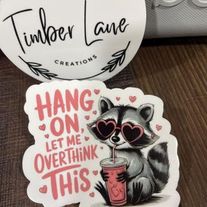 May include: White sticker with a cartoon raccoon wearing heart-shaped sunglasses and drinking from a pink cup. The text on the sticker reads "Hang on, let me overthink this".