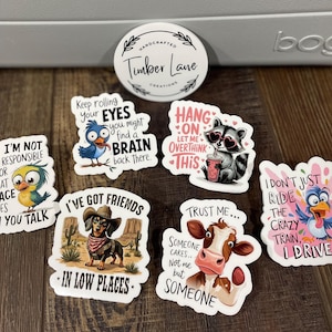 May include: Set of 8 colorful stickers with funny sayings and illustrations. The stickers feature a raccoon, a cow, a bird, a dog, and a variety of other designs. The stickers are perfect for adding a touch of humor to your laptop, water bottle, or planner.