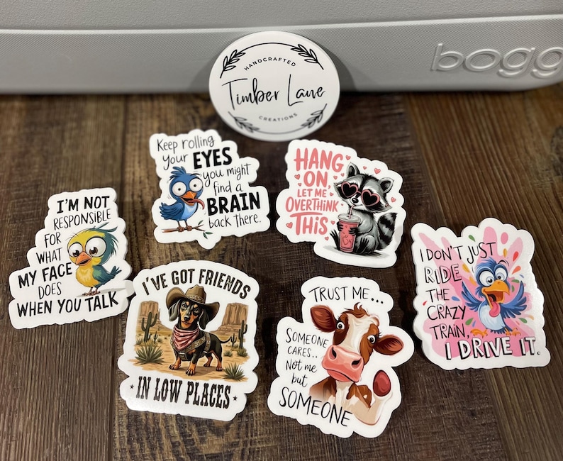 May include: Set of 8 colorful stickers with funny sayings and illustrations. The stickers feature a raccoon, a cow, a bird, a dog, and a variety of other designs. The stickers are perfect for adding a touch of humor to your laptop, water bottle, or planner.