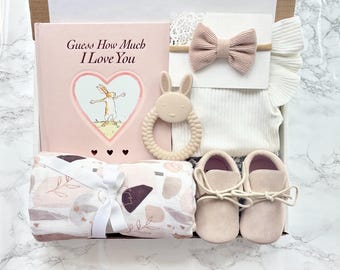 Baby Girl Pastel Gift Bundle, Neutral Baby Box, New Baby Girl Gift Hamper, Welcome Baby Gift Basket, Blush Boho Bamboo Bunny Shower Gift