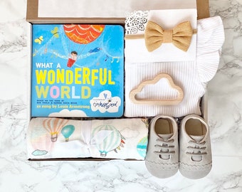 Welcome Baby Girl Gift  Bundle, New Baby Girl Gift Box, Wonderful World Gift Hamper, Baby Shower Gift, Natural Baby Set,