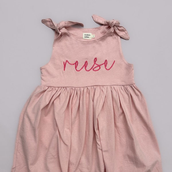 Embroidered Tie Shoulder Swing Dress- Pink Soft Cotton Girl's Dress Personalized Infant Baby Toddler Youth