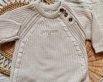 Keepsake Embroidered Knit Sweater Romper- Personalized Name Chunky Sweater Romper Baby Toddler