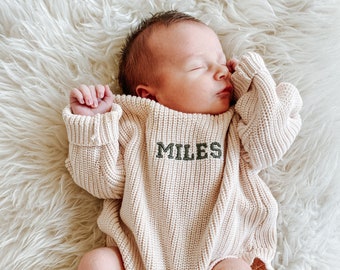 Keepsake Embroidered Knit Sweater Romper- Personalized Newborn Name Chunky Sweater Romper Baby Infant