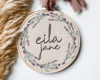 Embroidered Hooped Lavender Floral Birth Announcement Sign- Custom Baby Name Sign