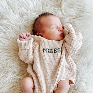 Keepsake Embroidered Knit Sweater Romper- Personalized Newborn Name Chunky Sweater Romper Baby Infant