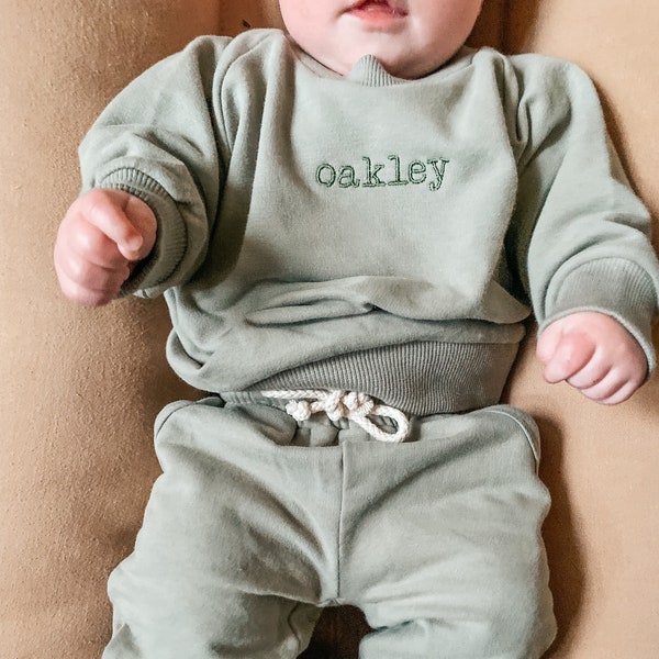 Embroidered Organic Cotton Sweat suit Infant Baby Toddler Name Sweatshirt Sweatpants Personalized