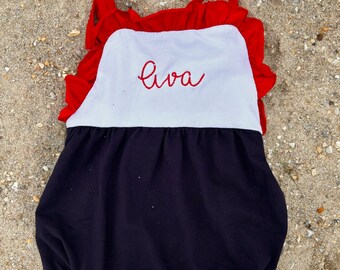 Embroidered Ruffle Trim Bubble Romper - Red White and Blue Patriotic July Fourth Baby Toddler Bubble