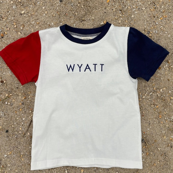 Embroidered Colorblock T-Shirt - Red White and Blue Patriotic July Fourth Baby Toddler