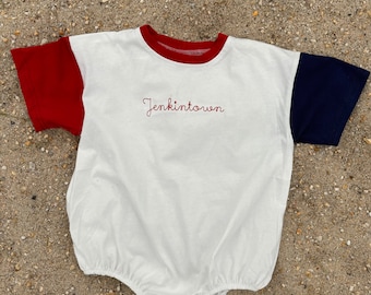 Embroidered Colorblock T-Shirt Bubble Romper - Red White and Blue Patriotic July Fourth Baby Toddler