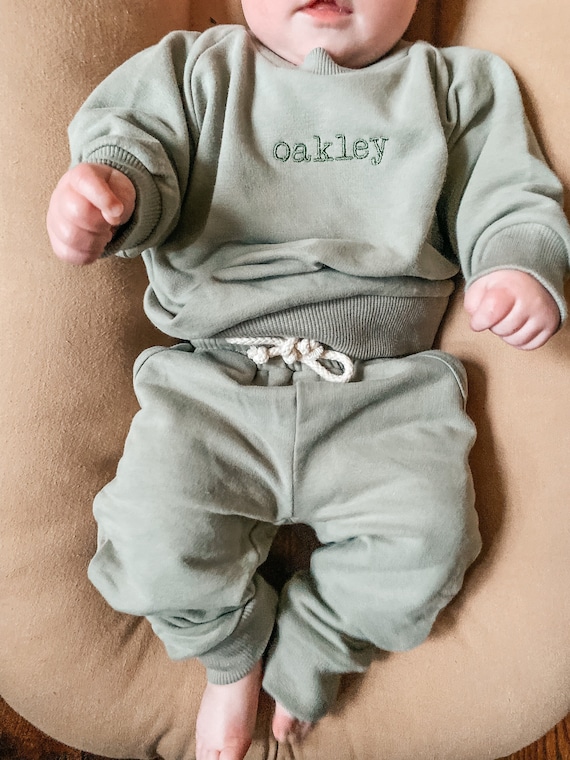 Embroidered Organic Cotton Sweat Suit Infant Baby Toddler Name Sweatshirt  Sweatpants Personalized 