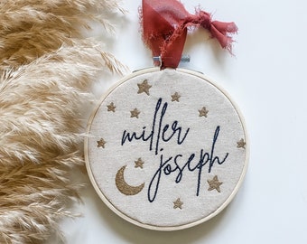 Embroidered Hooped Moon & Stars Birth Announcement Sign- Custom Baby Name Sign