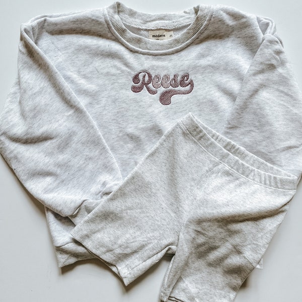 Infant Toddler Personalized Embroidered Name Oversized Crewneck Sweatshirt Biker Short Matching Set NEUTRAL COLORS
