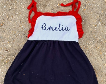 Embroidered Ruffle Trim Dress - Red White and Blue Patriotic July Fourth Baby Toddler Dress