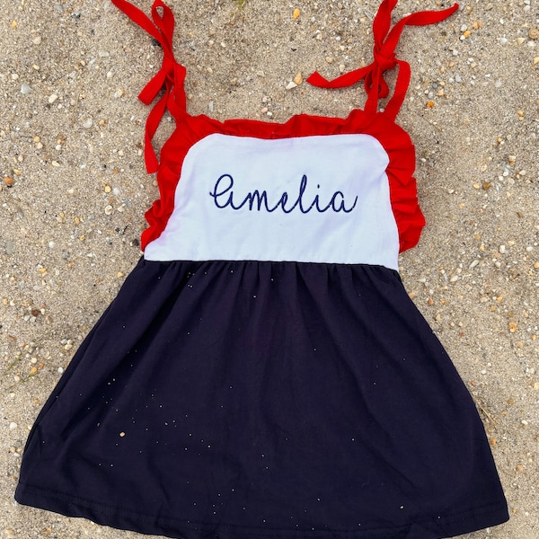 Embroidered Ruffle Trim Dress - Red White and Blue Patriotic July Fourth Baby Toddler Dress