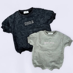 Marbled Short Sleeve Bubble Romper- Infant Toddler Personalized Embroidered Name French Terry