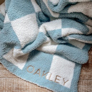 Super Soft Cozy Checkered & Solid Embroidered  Baby Toddler Decorative Blanket