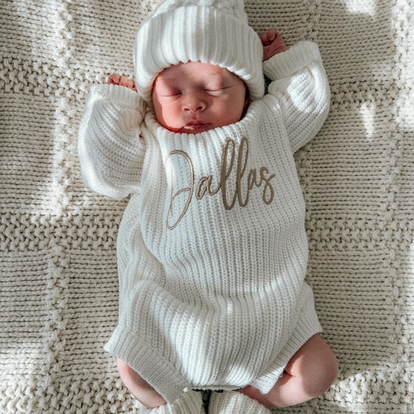 Keepsake Embroidered Knit Oversized Sweater Romper- Personalized Newborn Name Chunky Sweater Romper Baby Infant