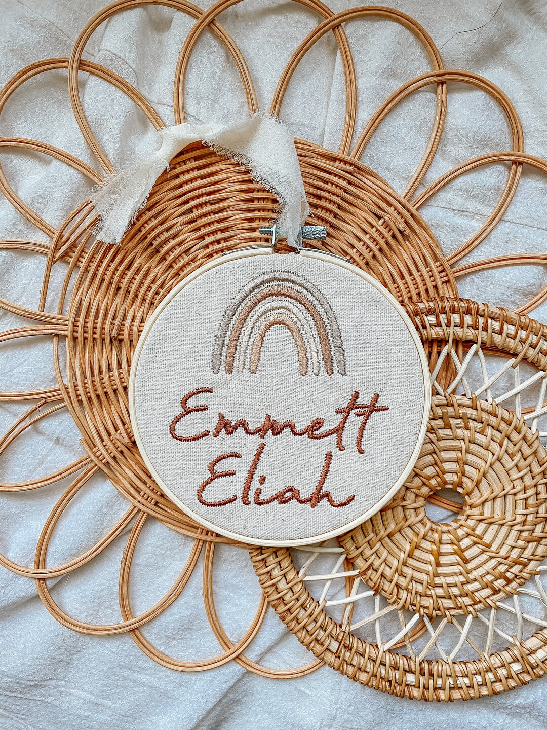 Embroidered Hooped Neutral Rainbow Birth Announcement Sign- Custom Baby ...
