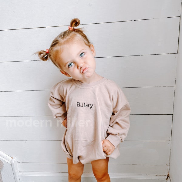 Embroidered Oversized Sweatshirt Bubble Romper - Infant Baby Toddler Name Sweater- Personalized Coming Home Outfit ALL COLORS