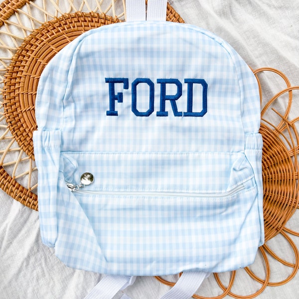 Embroidered Personalized Blue Gingham Nylon Backpack School Bag