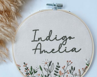 Embroidered Hooped Wildflower Floral Birth Announcement Sign- Custom Baby Name Sign