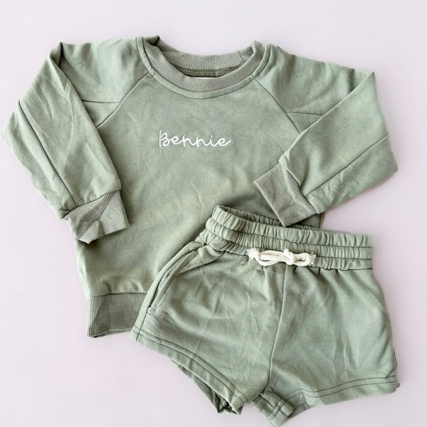 Crewneck Sweatshirt and Sweat Shorts Set- Infant Toddler Youth Personalized Embroidered Name French Terry