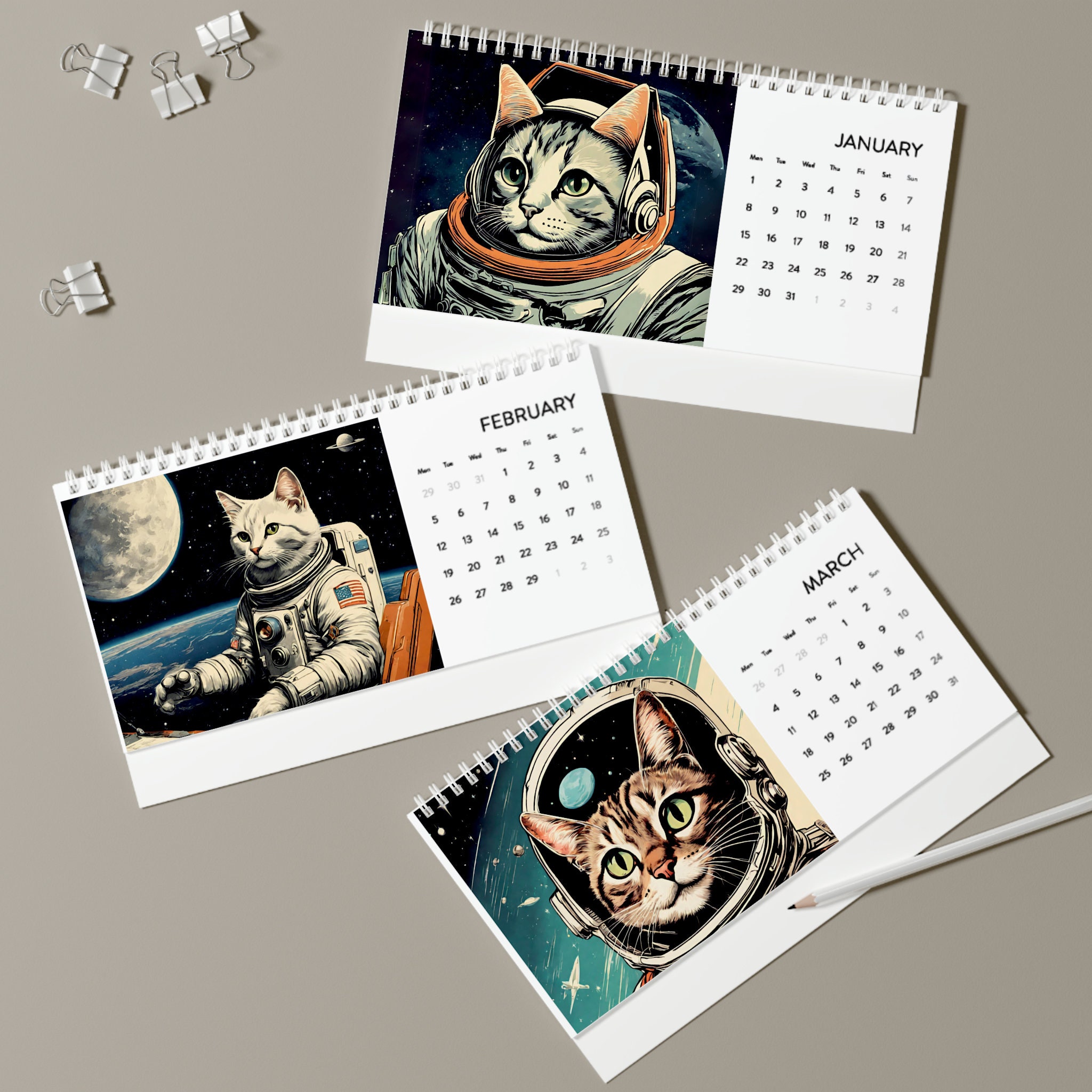 2025 Desk Calendar, Funny Calendar, Space Helmet Cat Calendar, Weird