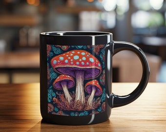 Mushroom Mug, Magic Mushroom Lovers Mug, 11oz Black Mug, Aesthetic Large Coffee Mug