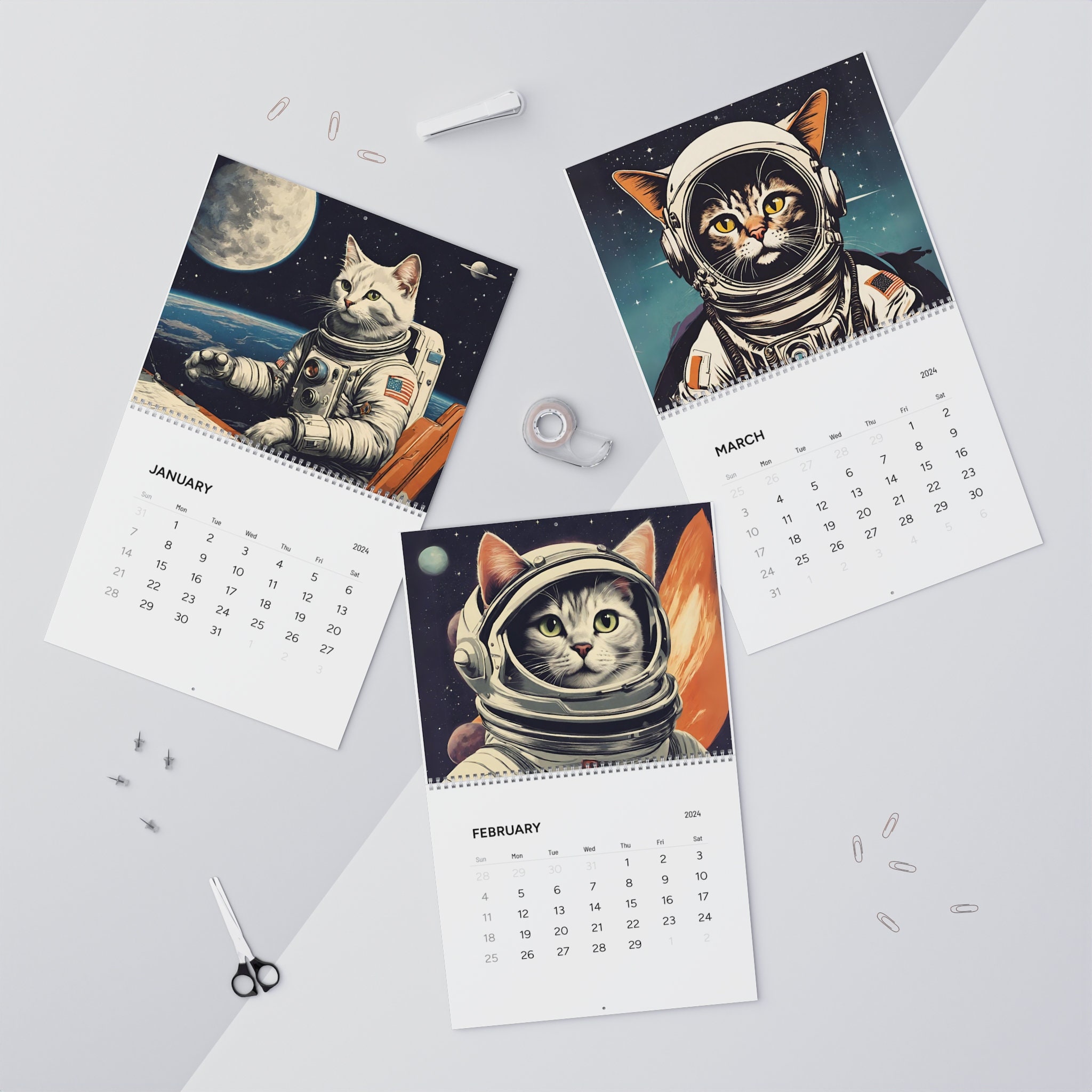 2024 Wall Calendar, Funny Calendar, Space Helmet Cat Calendar, Weird