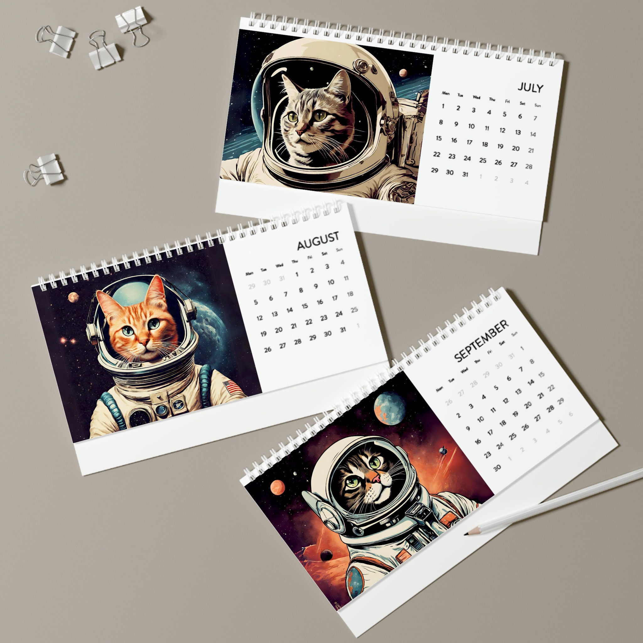 2025 Desk Calendar, Funny Calendar, Space Helmet Cat Calendar, Weird